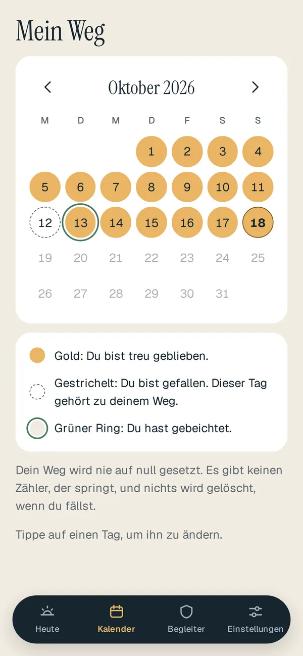 Bildschirmfoto des Kalenders: goldene Tage sind treu, ein gestrichelter Kreis markiert einen Fall, ein grüner Ring die Beichte.